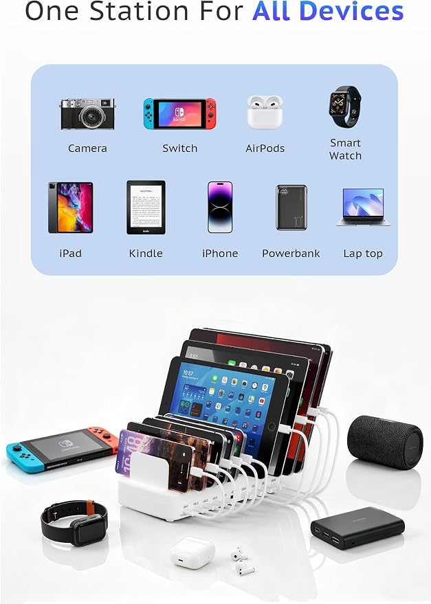 320W Charging Station for Multiple Devices, 10-Port USB Fast Charging Dock Adjustable Dividers & 8 Cables, 65W Laptop Port, Fireproof & Anti-Slip for Office Home Gamers