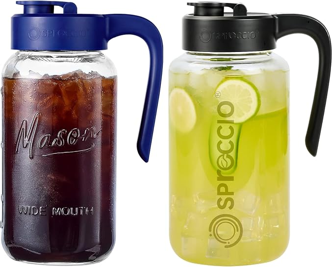Mason Jar Pitcher - Airtight & Leakproof Glass Pitcher with Lid, Perfect for Breastmilk, Cold Brew, and Sun Tea, 2 Quart (64 oz) Mason Jar with Pour Spout Lid