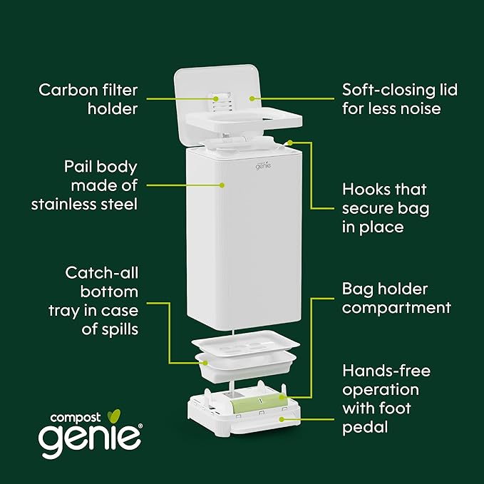 Kitchen Compost Bin, White Stainless-Steel Large, 3.6 Gallon, Indoor Odorless Composting, Hands-Free, Washable Parts, Includes 8 Tear-Off Compostable Bags and 1 Carbon Filter