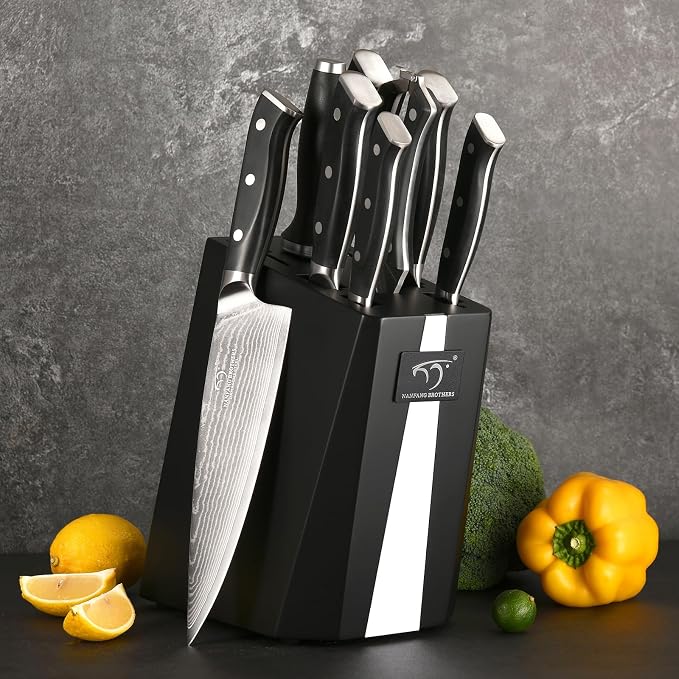 NANFANG BROTHERS Damascus Knife Set, 9-Piece VG10 Kitchen Knives with Block | 9-piece professional Damascus kitchen knife set with VG10 steel core, 66 layers, wood block, and ABS handles