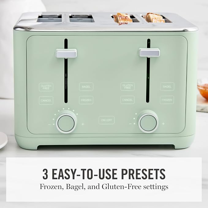 Martha Stewart 4 Slice Toaster, 10 Shade Settings with Defrost, Cancel, Bagel & Gluten-Free, Extra-Wide Self-Centering Slots for Waffles, Artisan Bread, Removable Crumb Tray, Cord Wrap,1800W, Honeydew
