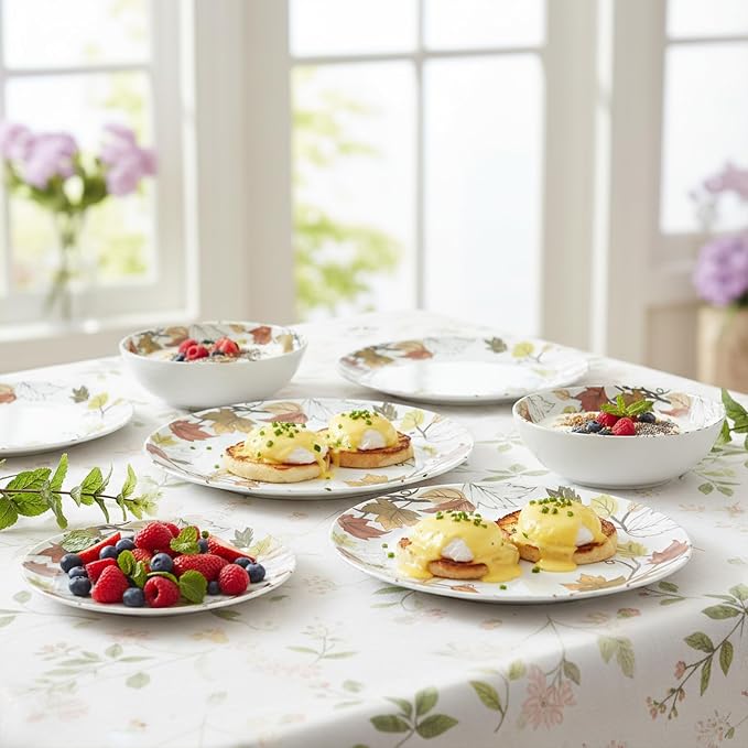 Melamine Dinnerware Sets 12 Pcs, Spring Party Plates and Bowls Sets, Camping Dishes Set for 4, Unbreakable, BPA Free, Dishwasher Safe（Yellow Maple Leaves）