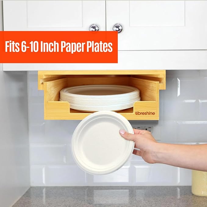 Libreshine Bamboo Kitchen Organizer - 6/8/9 Inch Air Fryer Liner Dispenser, 8/9/10 Inch Paper Plate Holder Under Cabinet, Vertical Storage Rack for Countertop & Shelf