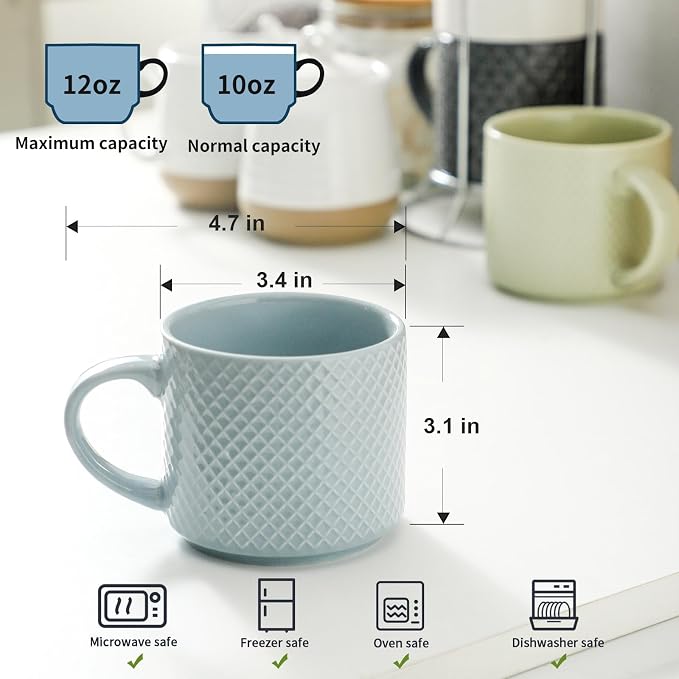 HASENSE Coffee Mugs 12 OZ Ceramic Cups Set of 4, Stackable Embossed Coffee Cups with Rack, Porcelain Coffee Cups for Latte, Cappuccino, Mocha, Cocoa, Americano, Hot Tea and Milk, Multi Color