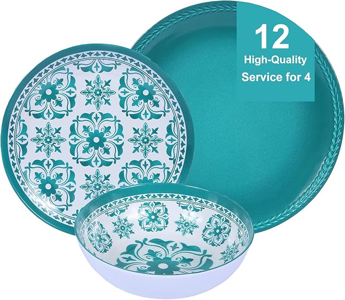 Webbylee Melamine Dinnerware Set，12-Piece Plate and Bowl Sets，Unbreakable Dish Set Service for 4–Dishwasher Safe&Lightweight Dishes,Green Dinnerware for Indoor/Outdoor Use, Gift