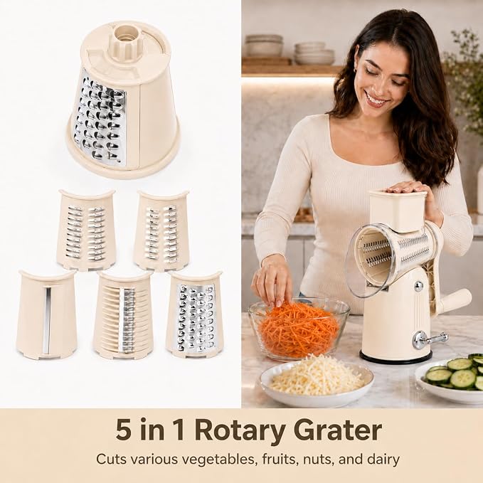 5 in 1 Rotary Cheese Grater with Hand Crank, 5 Replaceable Blades, Strong Suction Base, Multi-Functional Vegetable Slicer Shredder Chopper with Blade Storage Box for Fruit Vegetables Nuts (Beige)