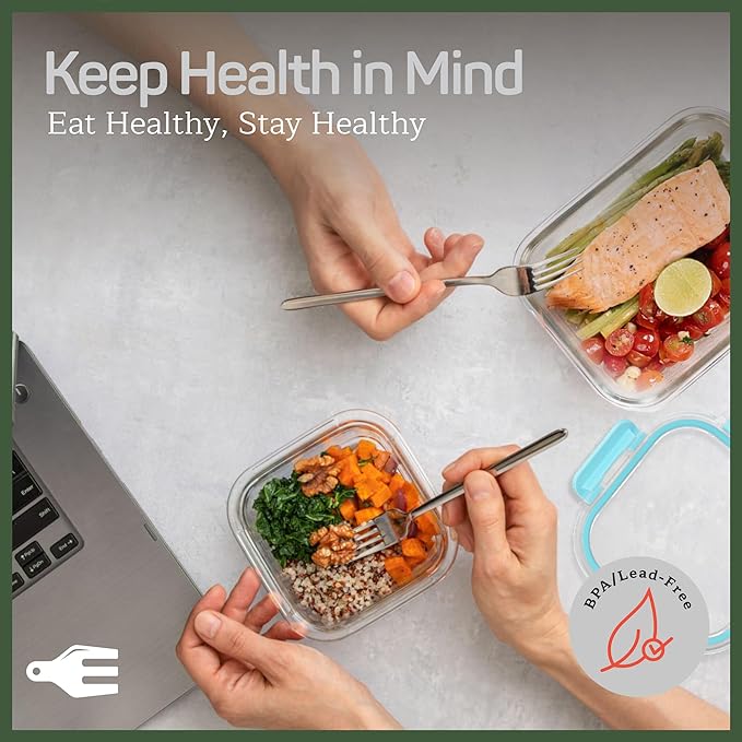 Emporio Kitchen Borosilicate Glass Food Storage Containers with Lids 24 Pieces, BPA-Free Stackable Lunch & Leftover Containers, Microwave, Freezer & Dishwasher Safe, 100% Airtight Leak-Proof, Aqua