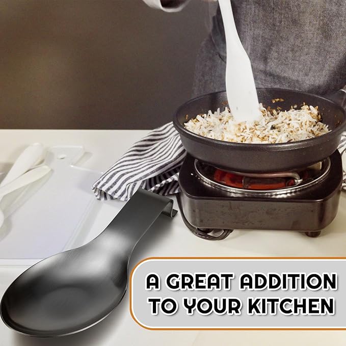 Nuanchu 6 Pcs Stainless Steel Spoon Rest Spatula Ladle Holder Spoon for Stove Top Heavy Duty Spatula Holder for Countertop Dishwasher Safe Utensil Rest for Kitchen, 3.8 x 9.6" (Black)