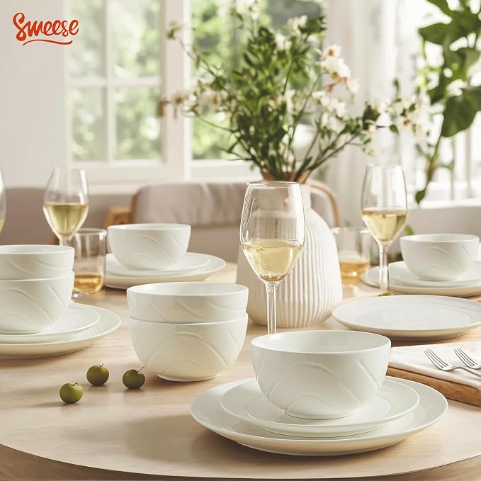 Sweese Porcelain Dinnerware Sets for 6, 18 Pieces Plates and Bowls Sets, Handcrafted Minimalist Dinner Set, Chip and Scratch Resistant Dish Set, Dishwasher & Microwave Safe, White