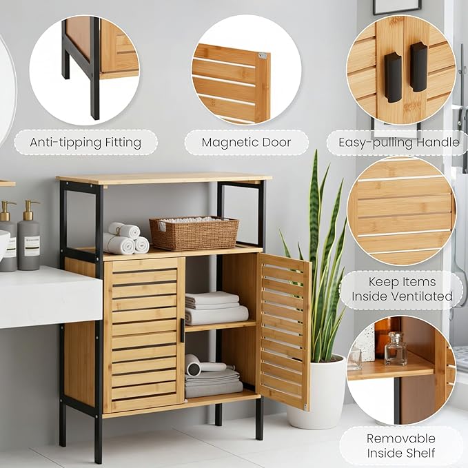 25" Bamboo Bathroom Storage Cabinet with Double Slatted Doors, Freestanding Floor Cabinet Organizer with Open Shelf, Modern Storage for Bathroom Kitchen Living Room