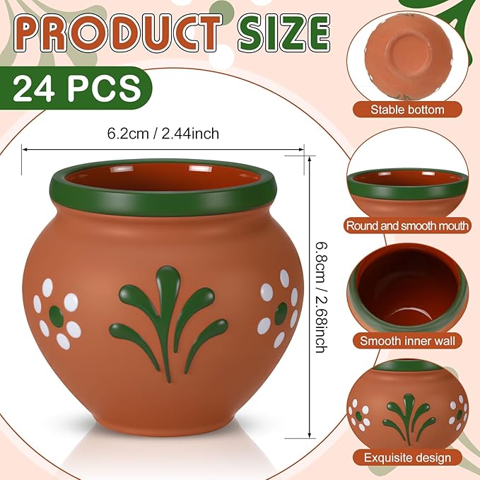 Gejoy 24 Pcs 3oz Cantaritos De Barro Shot Mini Clay Cups Jarritos De Barro Mexicanos Taco Cocktail Glasses for Tequila, Margaritas, Mojitos, Mojitos Cold Hot Drinks (Floral)