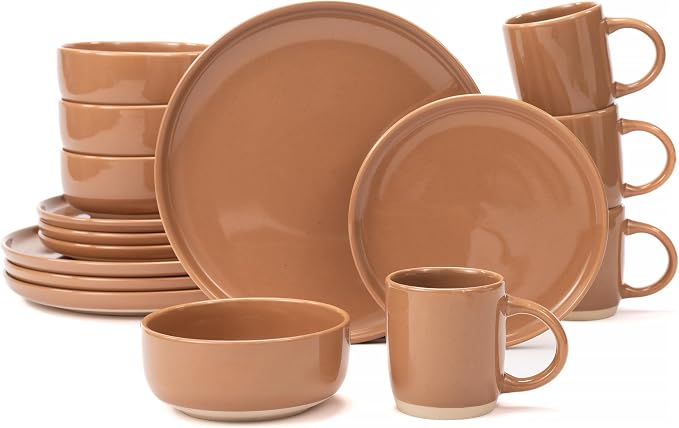 OTAGO 16-Piece Brown Stoneware Dinnerware Set for 4 with Mugs, Plates and Bowls Sets with Partially Unglazed Base, Scratch Resistant Ceramic Dish Set, Microwave & Dishwasher Safe for Kitchen