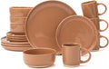 OTAGO 16-Piece Brown Stoneware Dinnerware Set for 4 with Mugs, Plates and Bowls Sets with Partially Unglazed Base, Scratch Resistant Ceramic Dish Set, Microwave & Dishwasher Safe for Kitchen