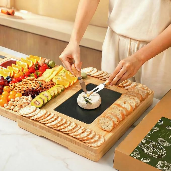 Extra Large 33.7x15.7 inch Charcuterie Boards Gift Set, 100% Bamboo Cheese Board and Knife Set, Cool Meat Cheese Platter Tray, House Warming Gifts New Home, Ideas for Women Mom