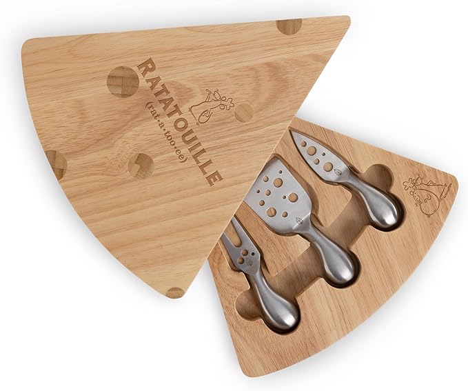 PICNIC TIME Disney Ratatouille Swiss Cheese Board and Knife Set, Wedge Shaped Charcuterie Serving Board with Hidden Tools and Laser Engraved Artwork, (Natural Wood)