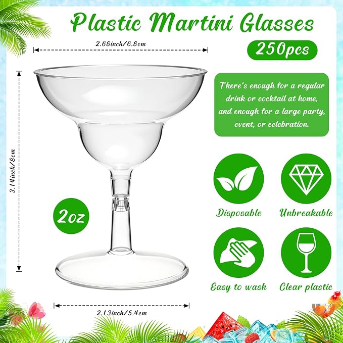 Rtteri 250 Pcs Mini Martini Glasses Plastic 2 Oz Disposable Mini Margarita Cups Clear for Weddings Party Wine Cocktails Drinks Desserts (Margarita)