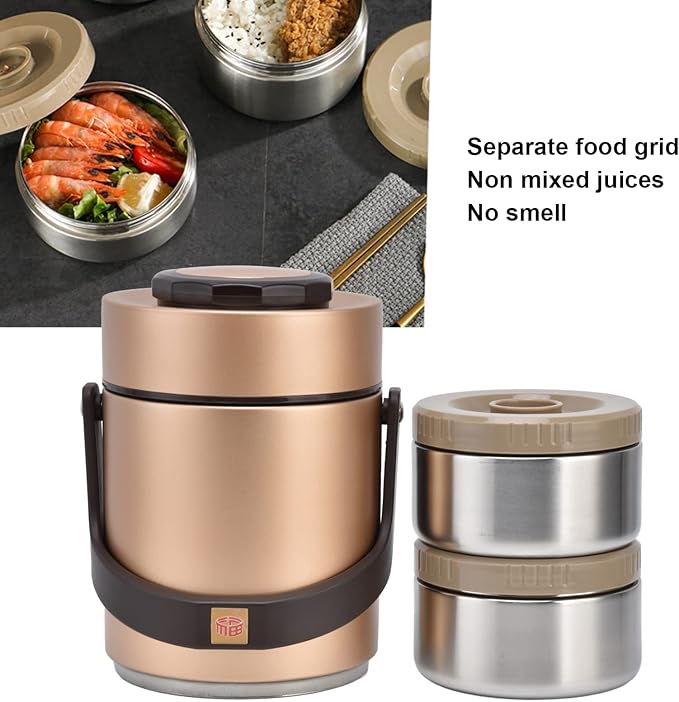 Straight Empty Food Holder Stainless Steel Lunch Box Bento Box Snack Containers Insulation Lunch Box High Capacity 1.5l Stainless Steel Portable Heat Preservation Vacuum Bento Box For Adults(Gold)