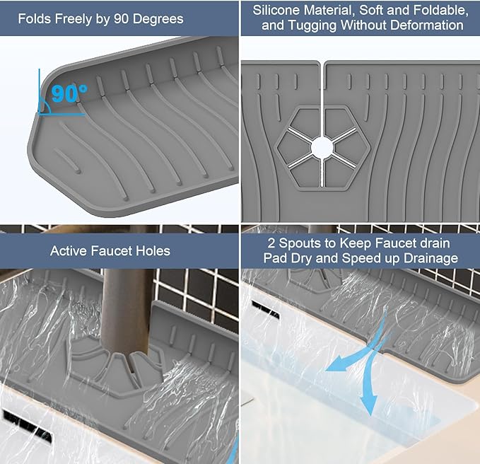 Sink Drain Mat Behind Faucet,Faucet Guard Draining Mat, 90° Foldable Tap Draining Mat for Kitchen Sink with 2 Water Ports, Faucet Drain Mats for Kitchen, Bathroom, etc (Gray, 17.7"*5.78")