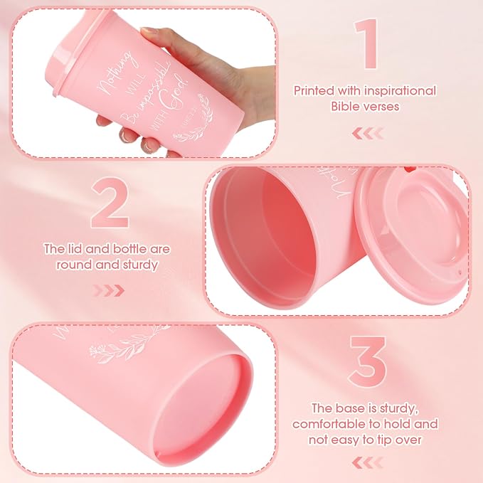 Skylety 60 Pack Bulk Christian Gifts for Men Women 16oz Reusable Bible Verse Tumbler Plastic Coffee Cup with Lid Inspirational Religious Church Gift for Teacher Graduation Party Favor (Pink)