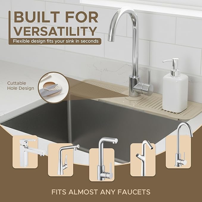 Silicone Faucet Mat for Kitchen Sink 17.7 Inch | 5° Slope Fast Self-Draining Sink Splash Guard | Multipurpose Faucet Mat Foldable Durable No Smell | Cut-to-Fit Opening Up to 2.6in | Biege