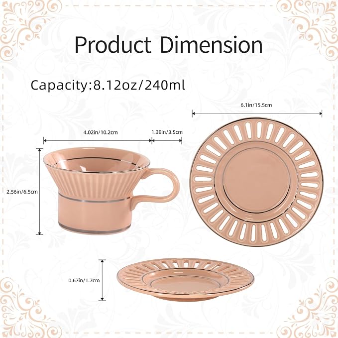 KAMMAK Tea Cups and Saucers Set of 2, 6.7oz Porcelain Coffee Cups with Saucers, Ceramic Espresso Mugs for Coffee, Latte, Americano, Tea, Unique Teacup and Saucer (YFH8+9)