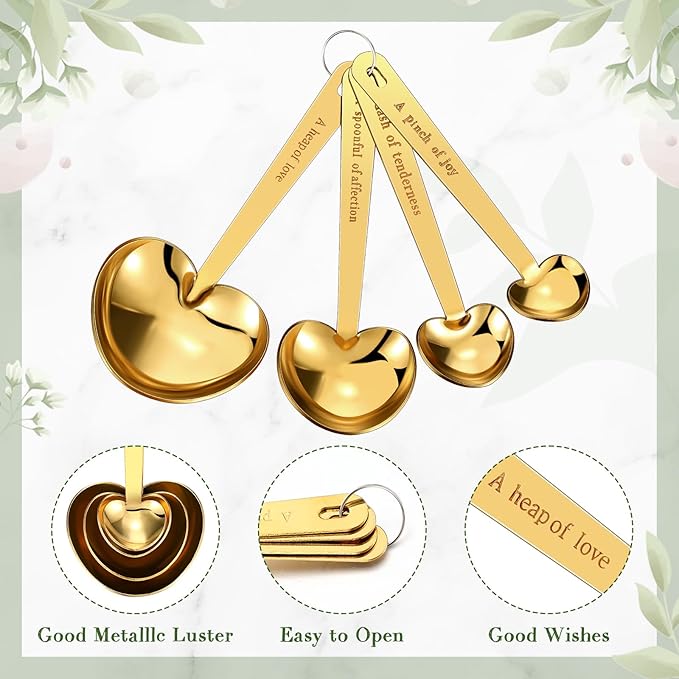 Umigy 50 Set Heart Shaped Measuring Spoon Tea Spoons Wedding Baby Shower Favors for Guests Set Heart Shape Drawstring Organza Bag Gift Tag Rope for Wedding Bridal Shower Souvenir (Gold)