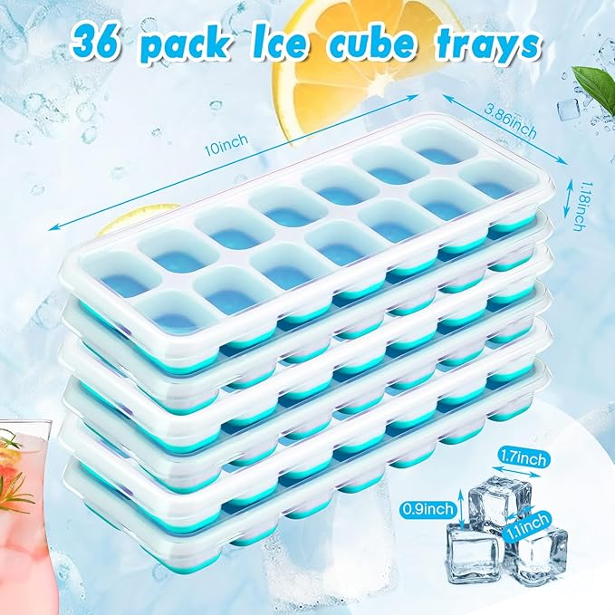 Rtteri 36 Pack Ice Cube Trays Silicone Ice Tray for Freezer Flexible 14 Cube Molds Easy Release Stackable Trays with Lid for Drinks Cocktail Coffee Baby Food (Blue)