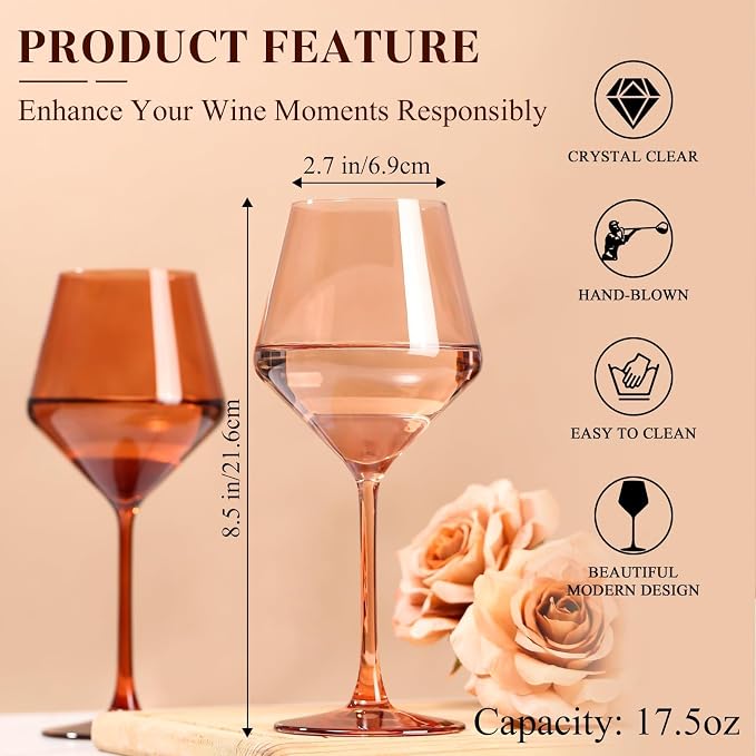 Venus Colored Wine Glasses Set of 6-17.5【Hand Blown】 Brown Wine Glasses with Tall Long Stems, Elegant Amber Melanin Colored Glassware - Unique Gifts for Wine Lovers-Wedding Gifts