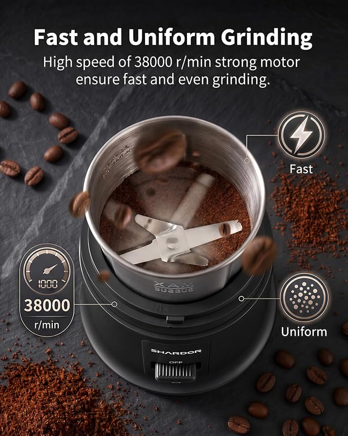 SHARDOR Quiet Coffee Grinder Electric, 70g Removable Bowl Spice Grinder for Coffee Beans, Seeds and Grains, Super Silent Grinding Mill with 60dB Low Noise, 2.5oz Capacity, Black