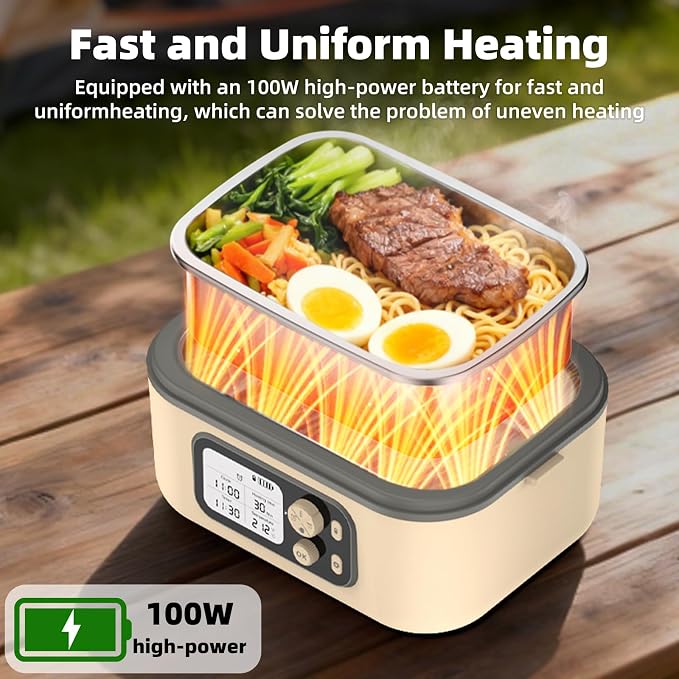 Cordless Electric Heated Lunch Box for Adults, XL 6.3-Cups Rechargeable Battery Powered Smart Self Heating Lunchbox for Men Women, 100W Food Warmer for Trucks Driver Travel Office Worker