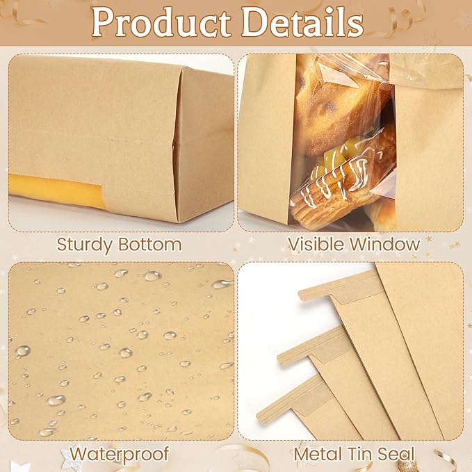 130 Pack Homemade Bread Sourdough Bags, 14" x 8.3" x 3.5" Large Paper Bread Bag with Tin Tie Tab Lock Clear Front Window Stickers for Bakery Storage Mothers Day Gifts