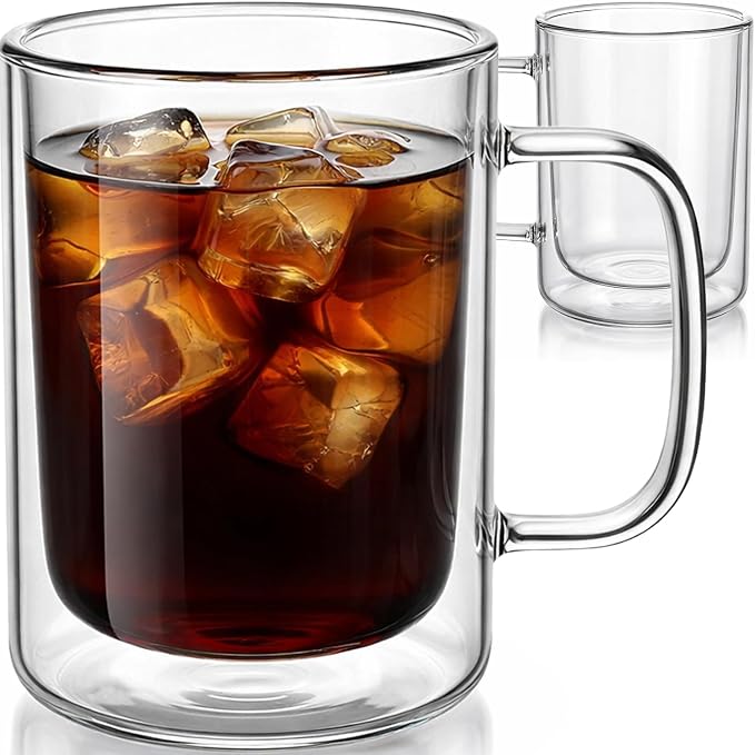 Aquach 12oz Double Walled Glass Coffee Mugs Set of 2, Insulated Tea Cups | Dishwasher/Microwave Safe, Borosilicate Glass, Double-walled, Smooth Rim, Comfort Handle, Ideal Daily Capacity
