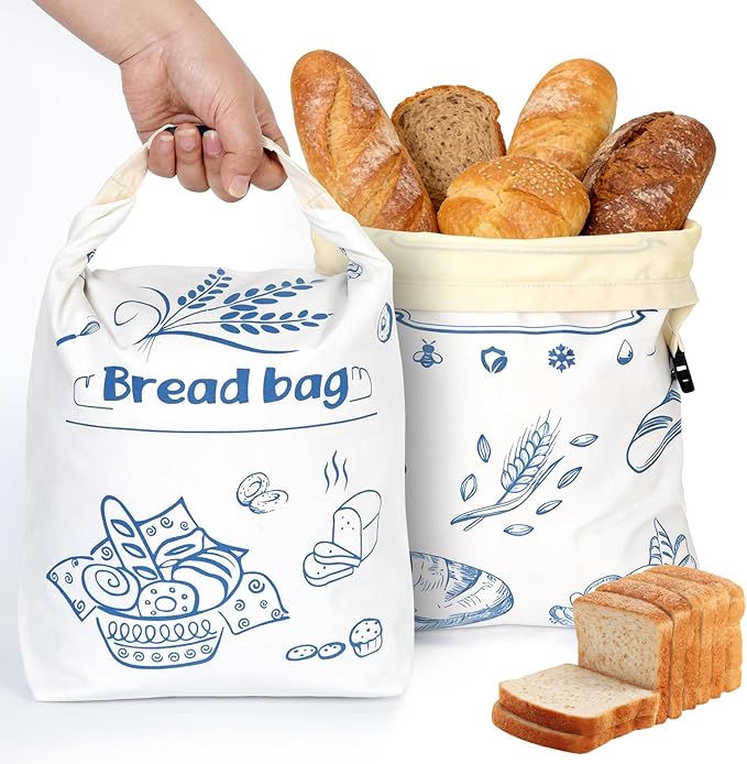 OTraki 2 Pack Beeswax Bread Bags for Sourdough Homemade Bread, Reusable Natural Cotton Beeswax Bag Portable Food Storage Cloth Bag to Keep Loaves Fresh Longer, 17×13 Inch & 14×8 Inch