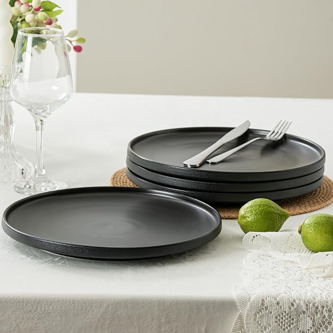 Ceramic Dinner Plates, 10.25 Inch, Set for 4, Modern Black | Flat Dish Design, Microwave & Dishwasher Safe, Perfect for Family and Entertaining, For Steak, Sandwiches, Pizza, Pasta