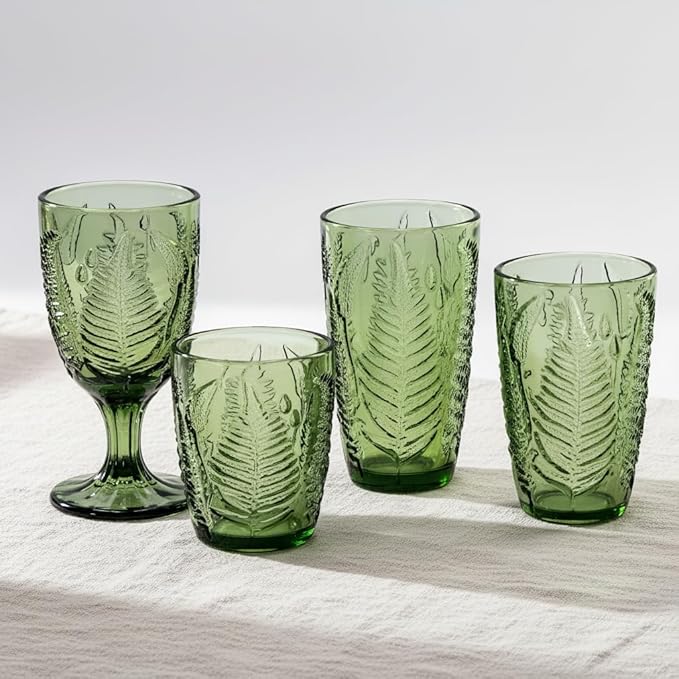 Green Drinking Glasses Set of 4, 16 oz Vintage Hand-Pressed Glass Cups, Fern Textured Highball Tumblers, Antique Style Boho Glassware for Water, Juice, Cocktails & Mocktails, Housewarming Gift Set
