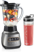 Hamilton Beach Wave Action Blender for Smoothies, Stainless Steel Ice Sabre Blades, 40oz Glass Jar, 20oz Blend-In Portable Travel Jar, 800 Watts, Quiet Design, Silver (58181)