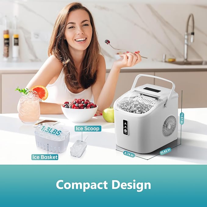 EUHOMY Countertop Ice Maker Machine with Handle, 26.5lbs Per Day, 9 Cubes in 6 Mins, Auto-Cleaning Portable Ice Maker with Basket and Scoop, for Home/Kitchen/Camping/RV (White)