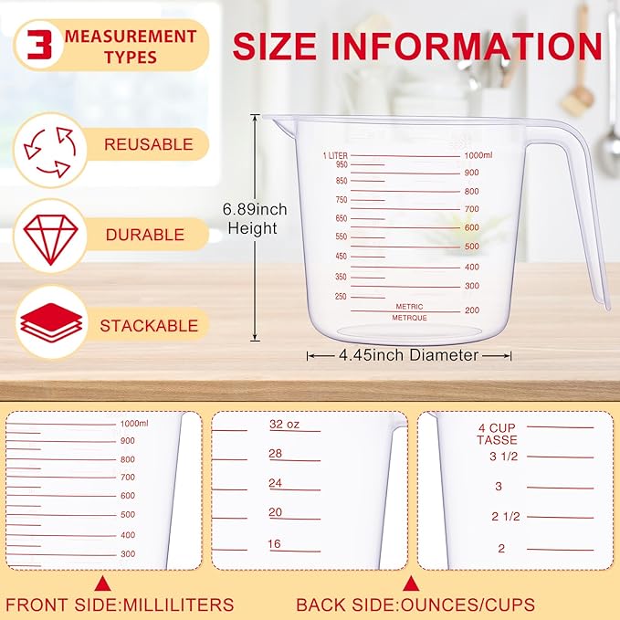 Kanayu 36 Pcs Plastic Measuring Cup Clear Measuring Mug with Spout and Handle Grip Capacity Clear Graduated Pitcher for Kitchen Flour Water Liquids (Red,32 oz, 4 Cups)