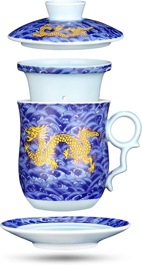 Tea Cup with Infuser Lid and Saucer Sets - Jingdezhen Ceramics Mug Chinese Porcelain Teacup Loose Leaf Tea Brewing System for Home Office Personal Portable Mug TC400 - Blue, 13.5oz / 400ml