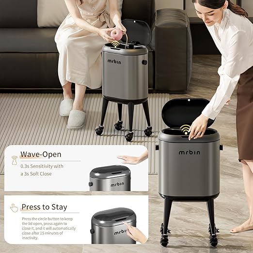 Stainless Steel Slim Bathroom Motion Sensor Trash Can with Lid and Wheels, 13L / 3.4gal Electric Touchless Toilet Waste Basket with Legs for Narrow Vanity, Rvs, Dorm, Kitchen, Eclipse Grey