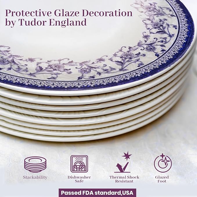 TUDOR ROYAL 12-Piece Round Porcelain Dinnerware Set, Service for 4 - Aster BLUE Design, Multicolor Floral, Plates Bowls Mugs Dishes, Premium Quality Tableware, Unique Pattern, Glossy
