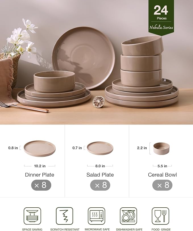 Famiware Nebula Plates and Bowls Sets, Dinnerware Sets, Dishes Set for 8, 8-Set(24pcs), Cinnamon Brown
