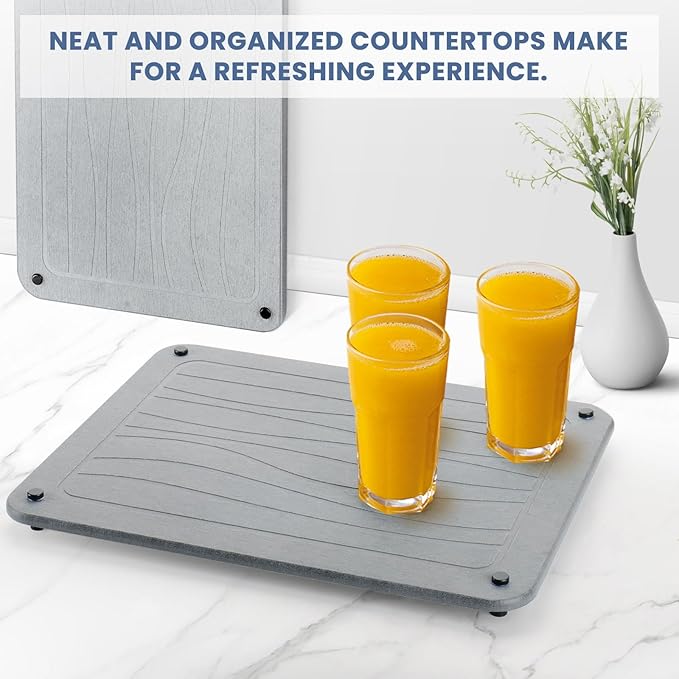 Stone Dish Drying Mats for Kitchen Counter 15.7"x 11.8" Quick Dry Stone Drying Mat Super Absorbent Diatomaceous Earth Drying Mat with 4 Non-Slip Stainless Steel Feet for Dishes&Cups Light Grey