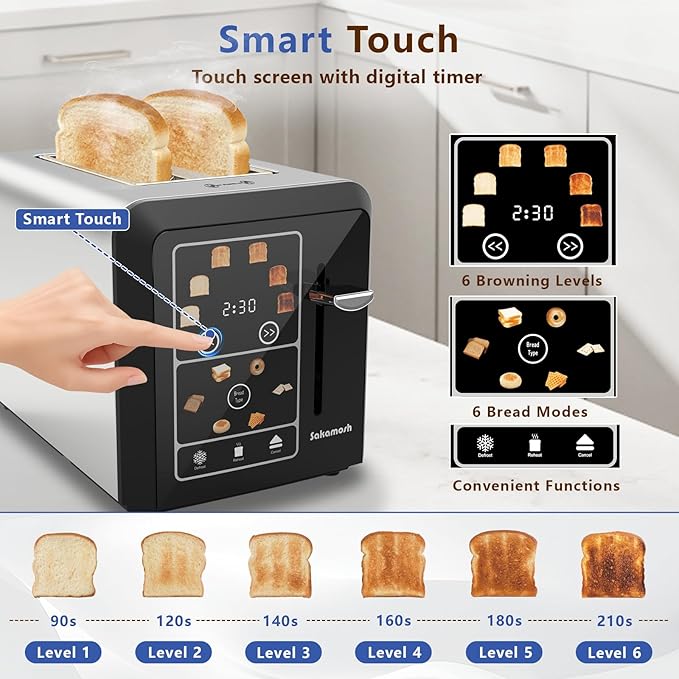 SAKAMOSH Touch Screen Toaster 2 Slice, Smart Digital Toasters, 6 Browning Levels & 6 Bread Types, Bagel Memory Function, Timer, Stainless Steel, 800W