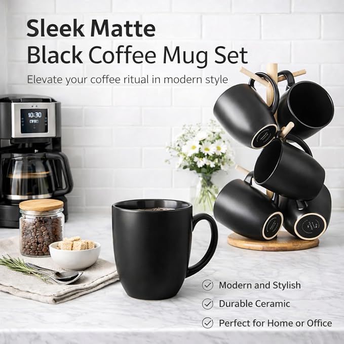 AmorArc 12 OZ Coffee Mugs, Matte Black Coffee Cups with Large Handle for Man, Woman, Ceramic Coffee Mugs Set of 12 for Latte/Cappuccino/Cocoa/Milk, Dishwasher & Microwave Safe