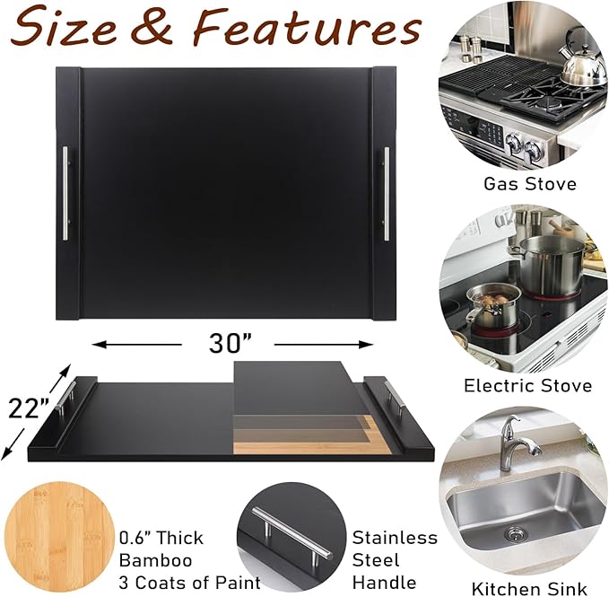 30"x22" Noodle Board Stove Cover for Electric & Gas Stoves, Natural Bamboo Ranges Stovetop Cover for Extra Counter Space, Also Sink Cover & Serving Tray (Black)
