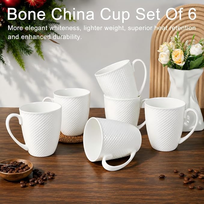 12 Oz Coffee Mugs Set of 6, Fine Bone China Mugs, White Ceramic Coffee Cups, Rhombus Relief Texture, Lightweight Tea Mugs for Latte, Hot Cocoa, Women, Men