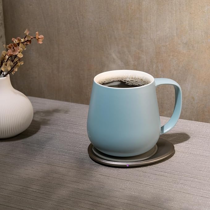 OHOM Ui+ Self-Heating Mug Set – Moonmist Blue | 18 fl oz / 532 mL Ceramic Coffee & Tea Mug with Heating Pad