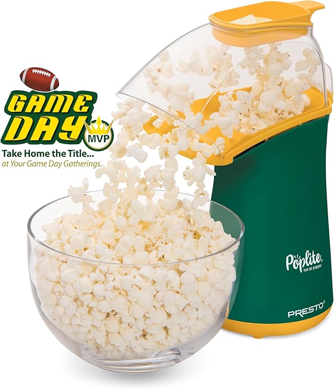 Presto 04870 Poplite Hot Air Popcorn Popper - Built-In Measuring Cup + Melts Butter, Easy to Clean, Built-In Cord Wrap, 18 Cups, Green/Gold
