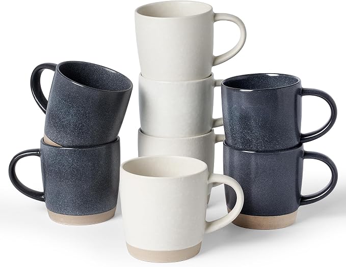 famiware Coffee Mugs Set of 8, Milkyway 13 oz Mug Set, Ceramic Cup Set with Handle for Coffee, Tea, Cocoa, Milk, Matte White + Matte Dark Charcoal